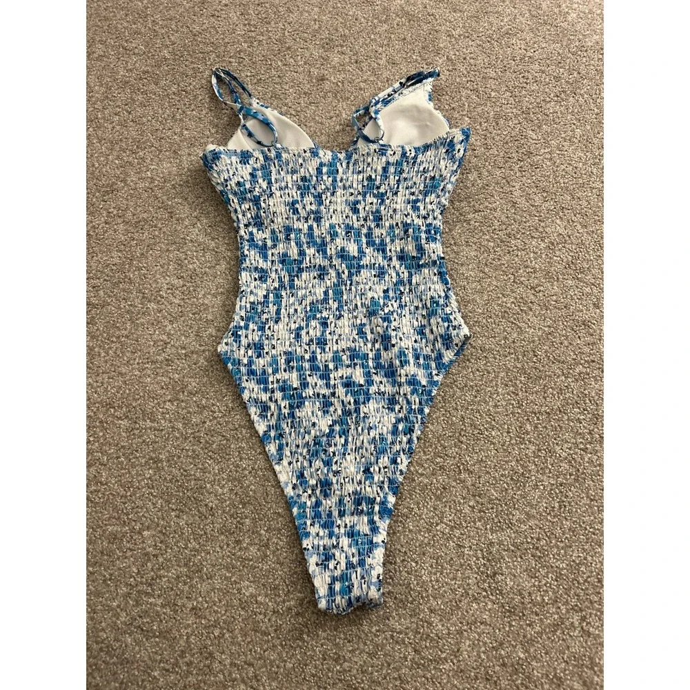 Vintage Smocked One Piece Swimsuit Womens Blue White Floral Excellent High Cut